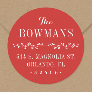Holiday Red Family Name Return Address Classic Round Sticker