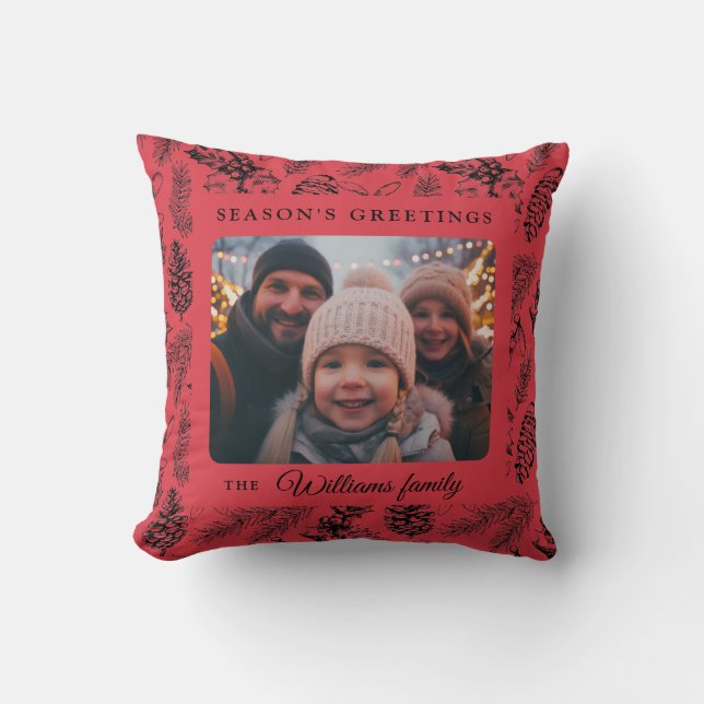 Holiday Red Family Photo Throw Pillow (Front)