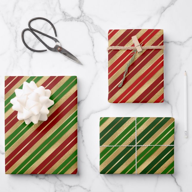 Holiday Red, Gold and Green Christmas Stripes Wrapping Paper Sheet (Front)