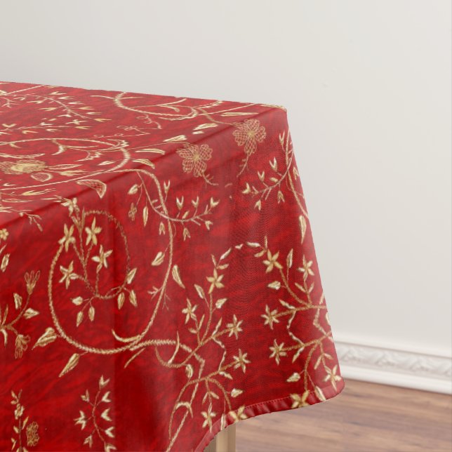 Holiday Red Gold French Embroidery Floral Tablecloth (In Situ)
