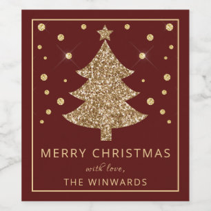 Holiday Red & Gold Glitter Christmas Tree Wine Label