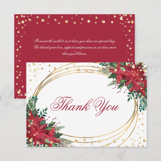 Holiday Red Gold Poinsettia Christmas Wedding Thank You Card (Front/Back)