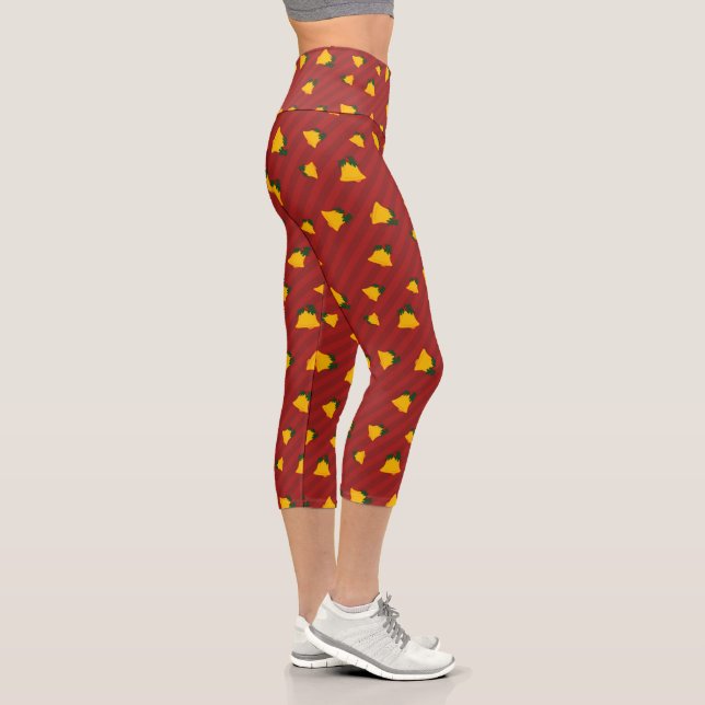 Holiday Red Gold Stripe Bells Christmas Capri Leggings (Right)