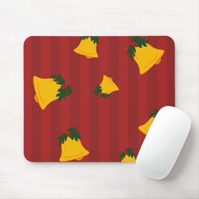 Holiday Red Gold Stripe Bells Christmas Mouse Mat (With Mouse)