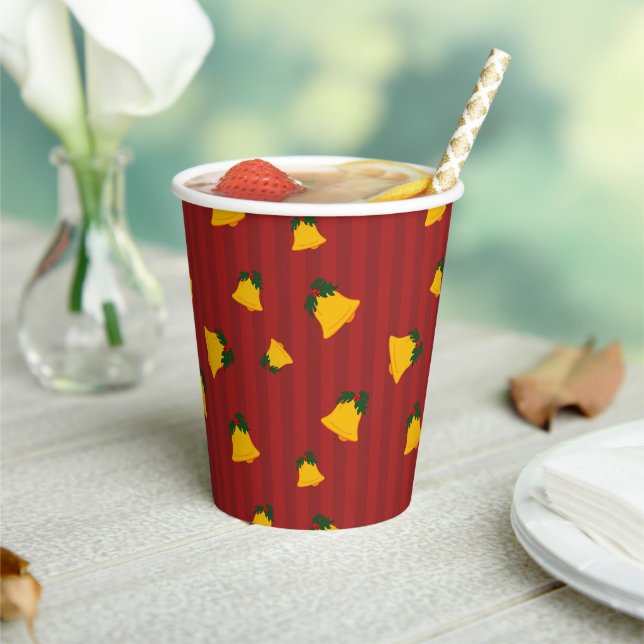 Holiday Red Gold Stripe Bells Christmas Paper Cups (Insitu)