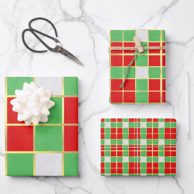 Holiday Red Green & Gold Chequered Pattern Wrapping Paper Sheet (Front)