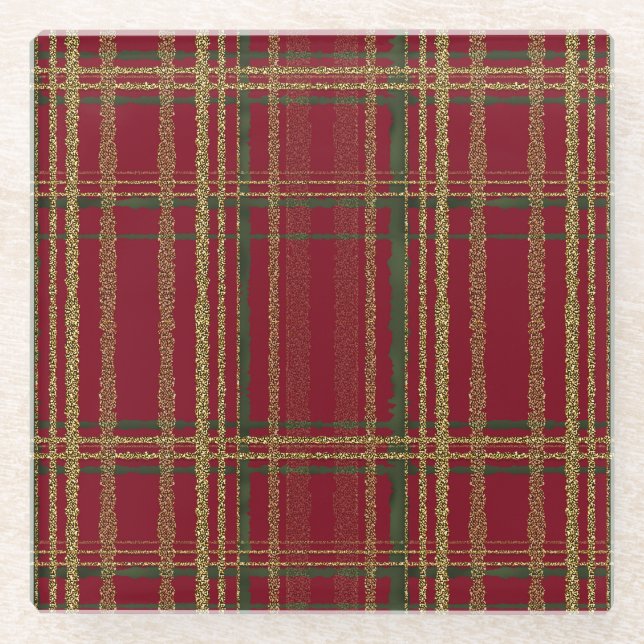Holiday Red, Green & Gold Glitter Christmas Tartan Glass Coaster (Front)