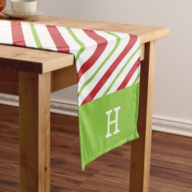 Holiday Red Green Striped Monogram Christmas Short Table Runner (In Situ)