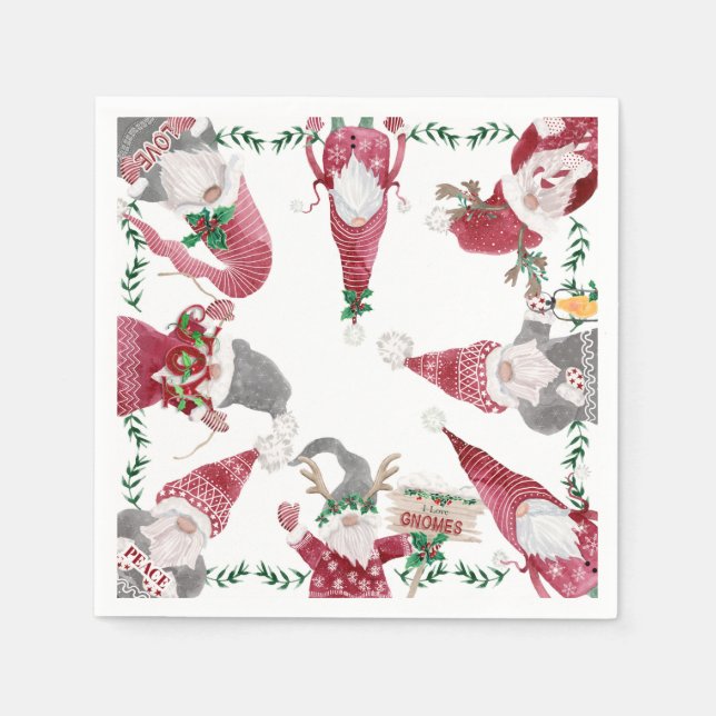 Holiday Red Grey Gnomes Christmas Party Watercolor Napkin (Front)