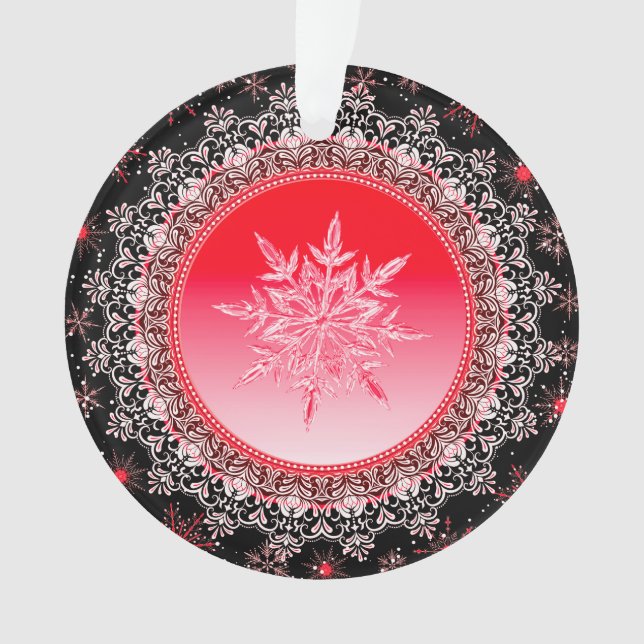 Holiday Red Ice Crystal Snowflake Ornament (Front)