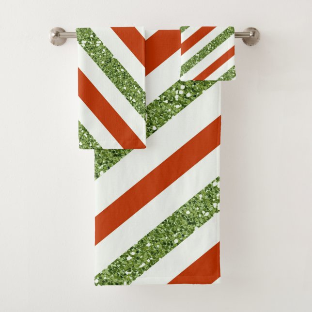Holiday Red & Light Green Glitter Stripes Bath Towel Set (Insitu)