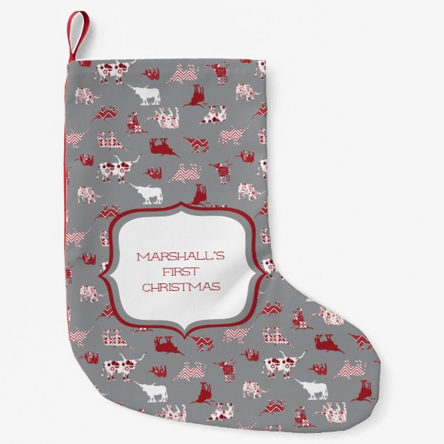 Holiday Red Patterned Longhorns Pattern Small Christmas Stocking (Front)