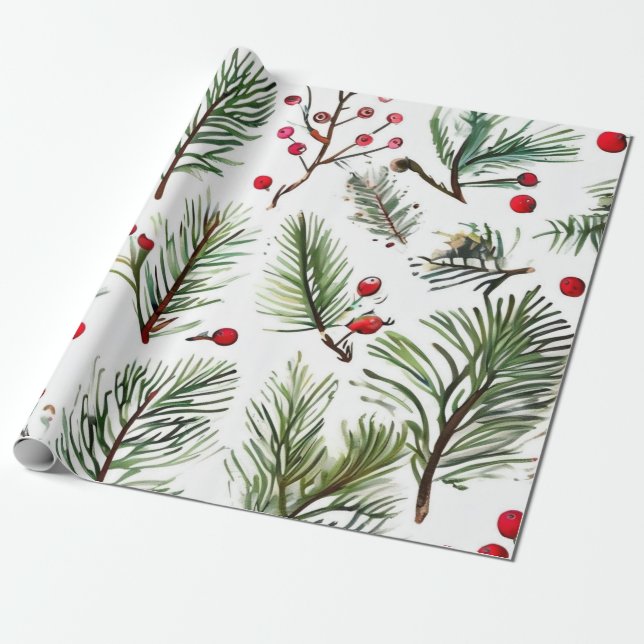 Holiday Red Pine & Berries Design Wrapping Paper (Unrolled)