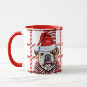 Holiday Red Plaid and Bulldog in a Hat Christmas Mug