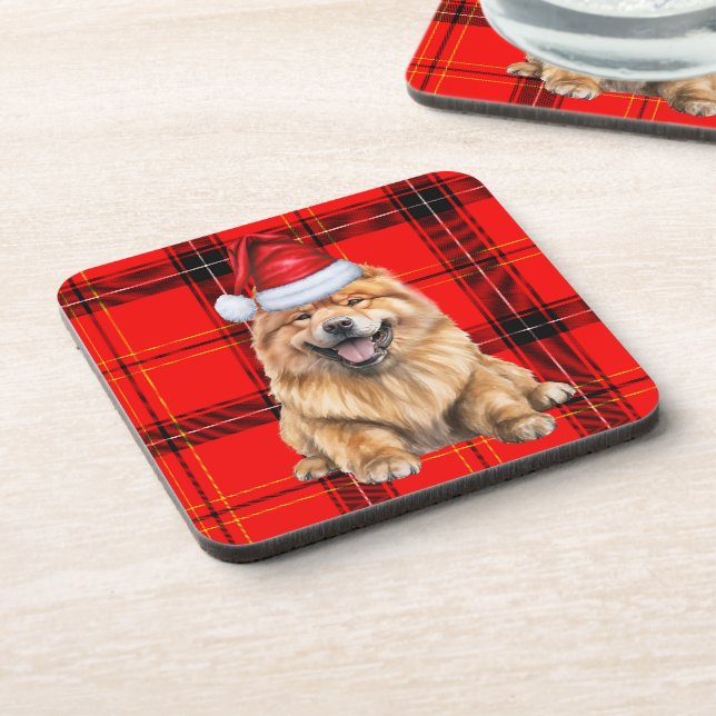 Holiday Red Plaid Chow Chow Santa Dog Coaster (Left Side)