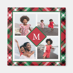 Holiday Red Plaid Photo Collage and Monogram Magnet