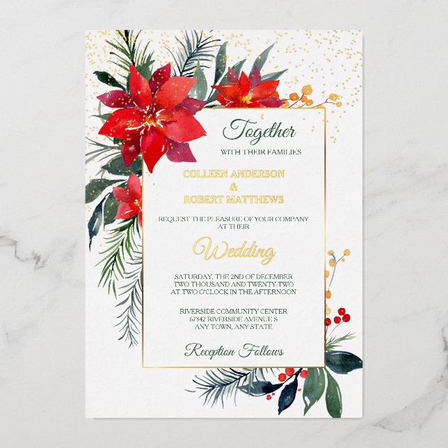 Holiday Red Poinsettia Gold Frame Wedding (Front)