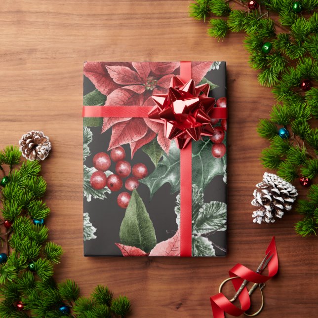 Holiday Red Poinsettias Pine Greenery Xmas Wrapping Paper (Holiday Gift)
