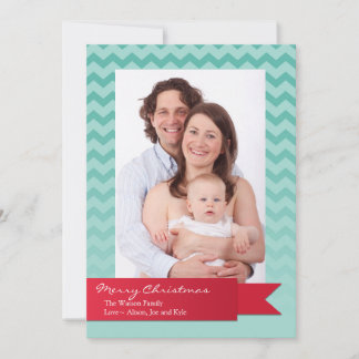 Holiday red ribbon blue chevron zigzag photo card
