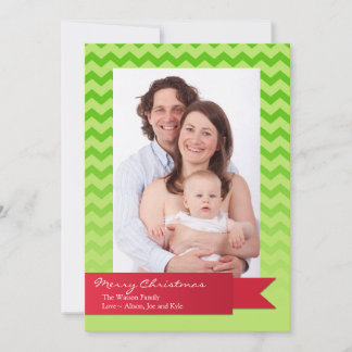 Holiday red ribbon green chevron zigzag photo card