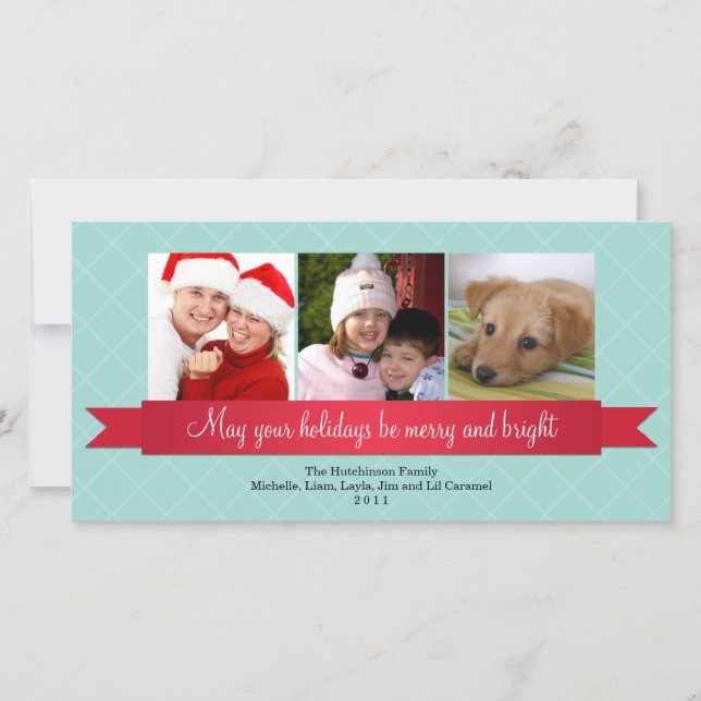 Holiday red satin ribbon blue lattice greeting (Front)