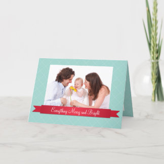 Holiday red satin ribbon ice blue lattice photo card