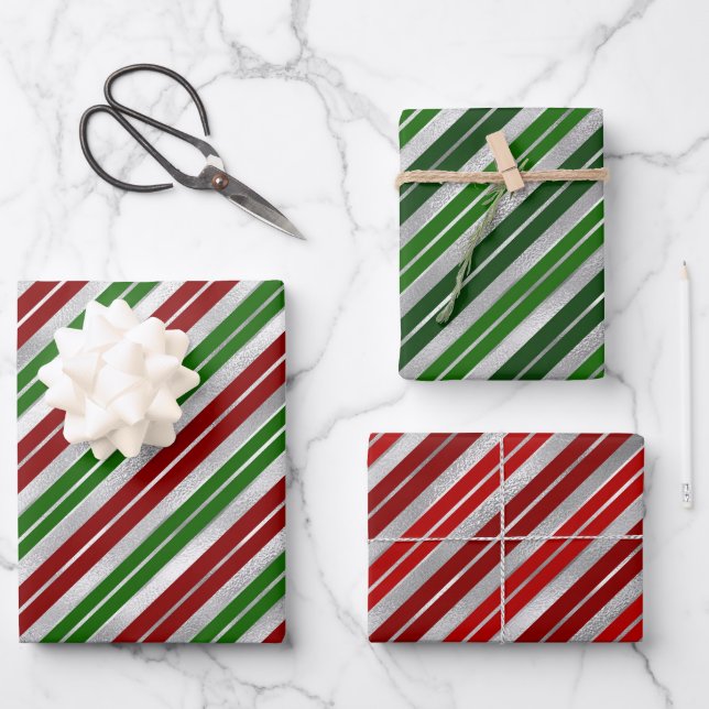 Holiday Red, Silver and Green Christmas Stripes Wrapping Paper Sheet (Front)