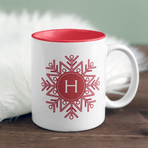 Holiday Red Snowflake Monogram Two-Tone Coffee Mug