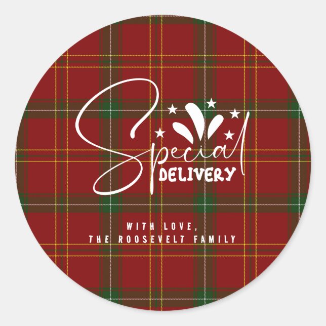Holiday Red Tartan Christmas Plaid Classic Round Sticker (Front)