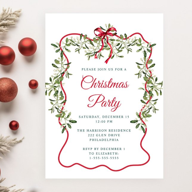 Holiday Red Wavy Frame Greenery Christmas Party Invitation (Creator Uploaded)