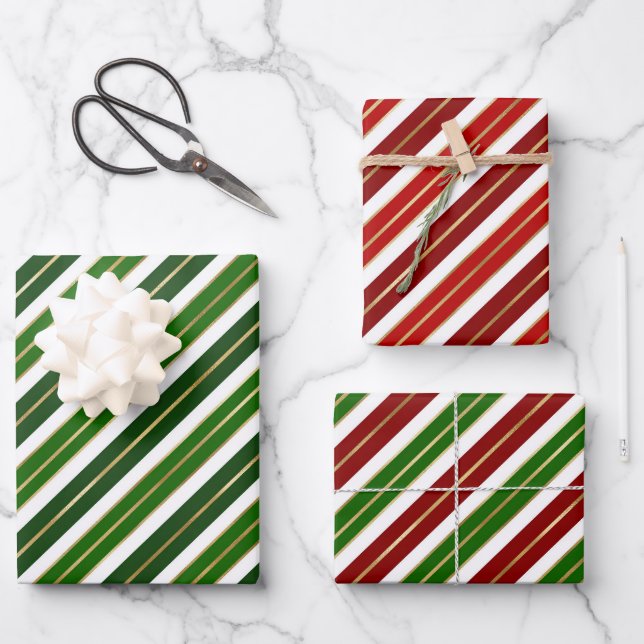 Holiday Red, White and Green Christmas Stripes Wrapping Paper Sheet (Front)