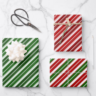 Holiday Red, White and Green Christmas Stripes Wrapping Paper Sheet