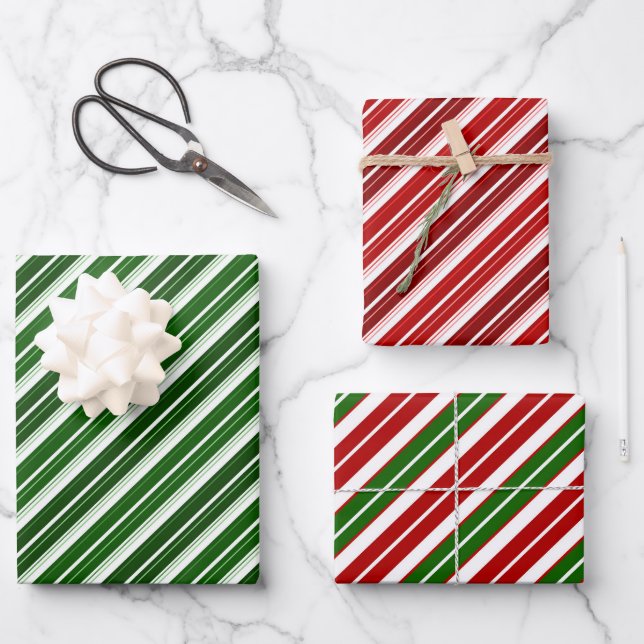 Holiday Red, White and Green Christmas Stripes Wrapping Paper Sheet (Front)
