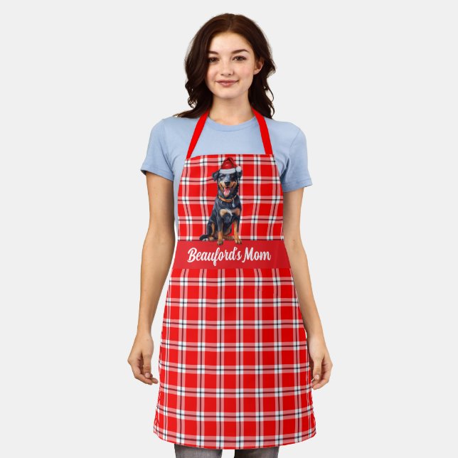 Holiday Red White Plaid Beauceron Dog Christmas Apron (Worn)
