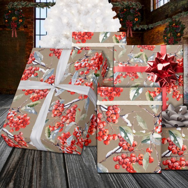 Holiday Red Winterberry Holly Rustic Kraft Wrapping Paper (Holiday Red Winterberry Holly Kraft Wrapping Paper Rolls in 6 & 15 foot lengths, matte or semi gloss)
