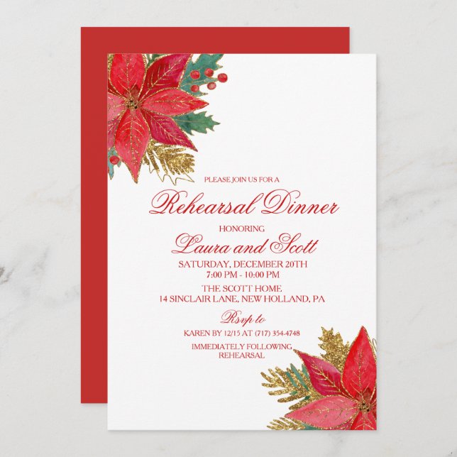 Holiday Rehearsal Dinner Poinsettia Invitation (Front/Back)