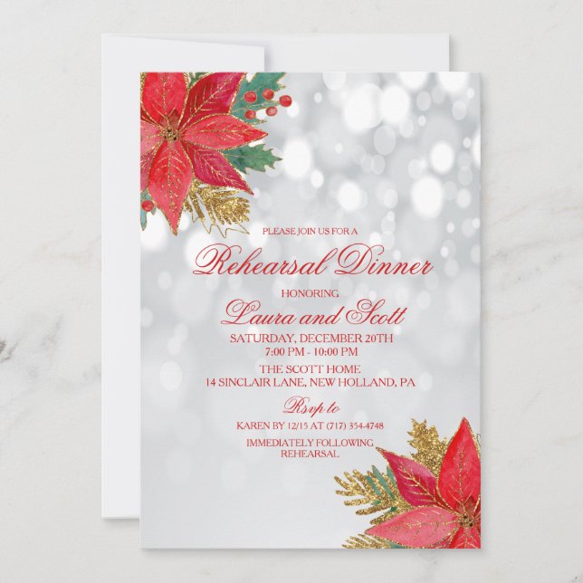 Holiday Rehearsal Dinner Poinsettia Invitation (Front)