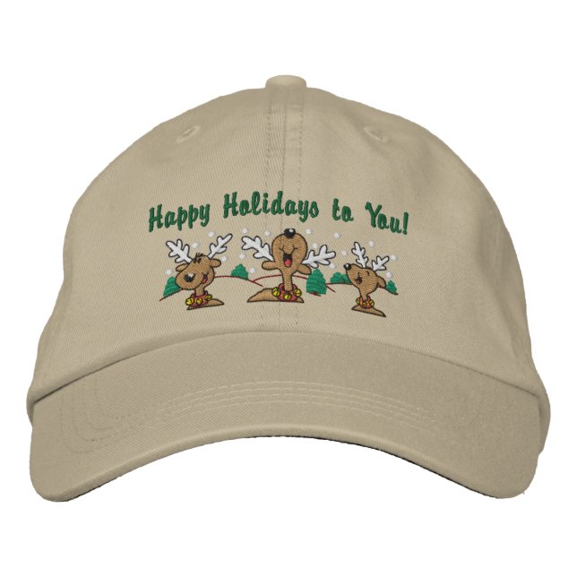 Holiday Reindeer Greetings Embroidered Hat (Front)