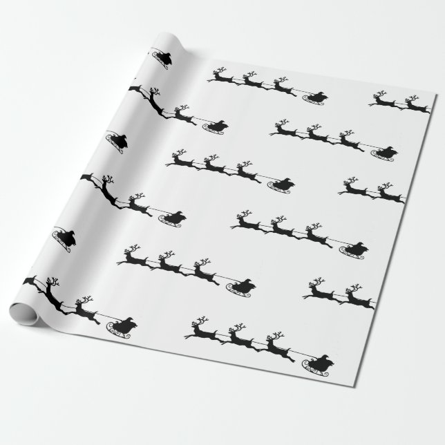 holiday reindeer santa christmas black white wrapping paper (Unrolled)