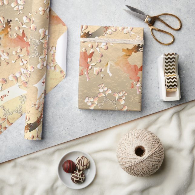 Holiday Reindeer Snowflakes on Rose Gold Wrapping  Wrapping Paper (Crafts)