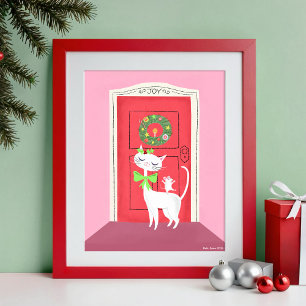 Holiday Retro White Cat and Mouse Art Print