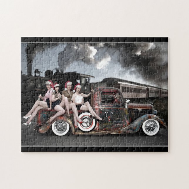 Holiday Roackabilly Hot Rod Santa Pin Up Girls Jigsaw Puzzle (Horizontal)