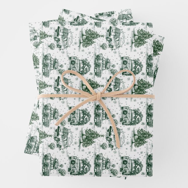 Holiday Road Trip Christmas Gift Bag | green Wrapping Paper Sheet (In situ)