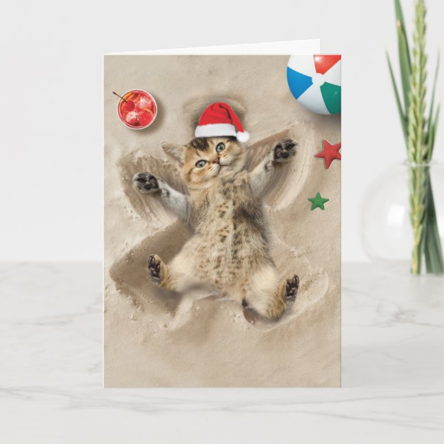 Holiday Sand Angels Cat - Cute Cat Merry Christmas Card (Front)
