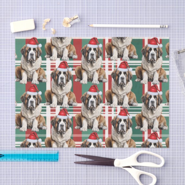 Holiday Santa Saint Bernard Dog Plaid Christmas Tissue Paper (Craft)