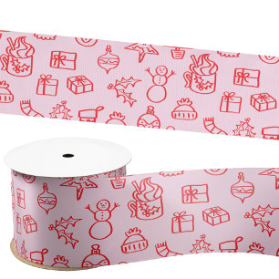 Holiday Scribble Doodle Red and Pink Satin Ribbon