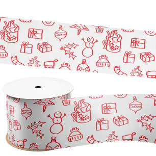 Holiday Scribble Doodle Red and White Satin Ribbon