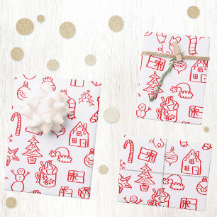 Holiday Scribble Doodle Red and White Wrapping Paper Sheet