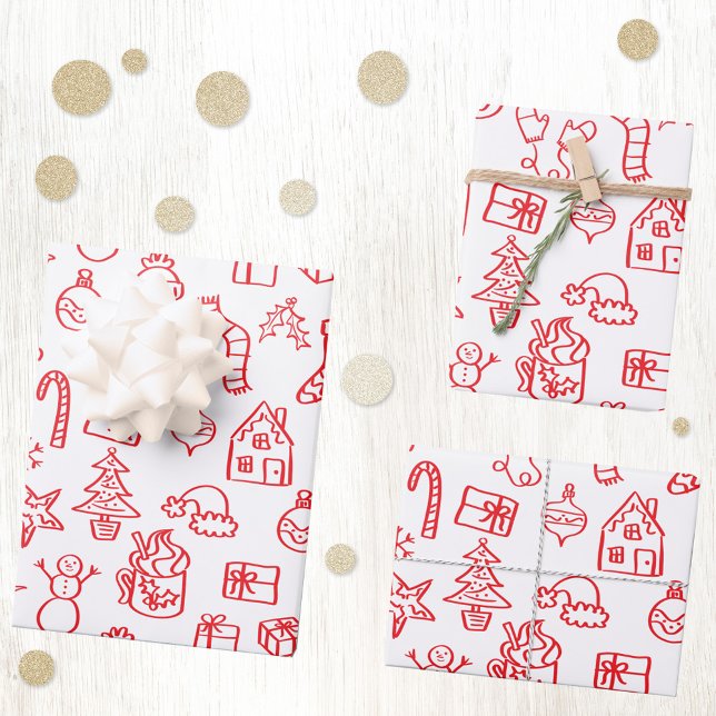 Holiday Scribble Doodle Red and White Wrapping Paper Sheet (Fun Christmas holiday scribble doodle illustration red and white gift wrapping paper)