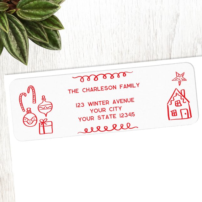 Holiday Scribble Doodle Red White Return Address (Fun holiday doodle scribble illustration Christmas personalized return address label)
